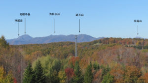 公園内の紅葉と札幌西方の山々を望む